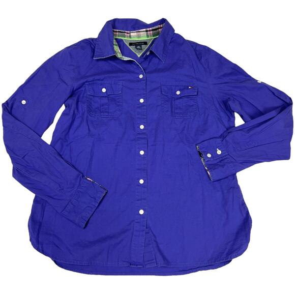 Tommy Hilfiger Button Up Shirt Indigo Blue Purple Collared Womens L Long Sleeve - Picture 1 of 10
